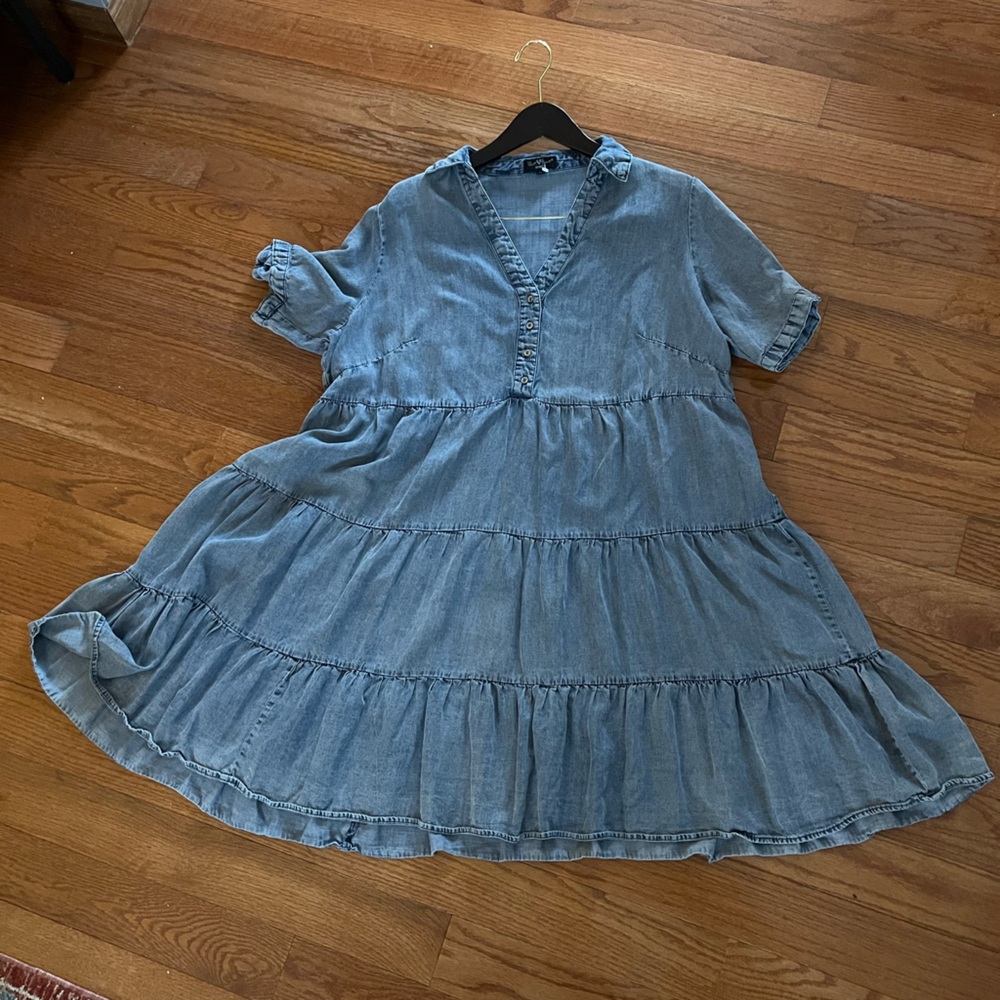 Boho Midi Blue Denim Tencel Tiered V-Neck Cowgirl Swing Dress Velvet Heart 1X